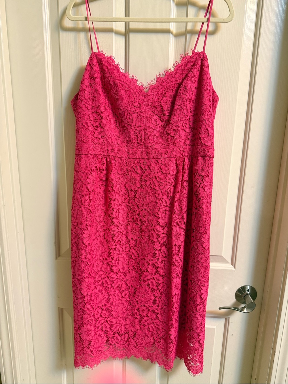 J. Crew Bright Pink Lace Midi Dress with Spaghetti Straps